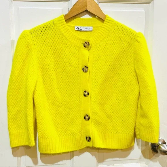 ZARA Bright Yellow Crop Cardigan Neon Retro Feminine Romantic Y2K 90s Size S - Picture 2 of 7